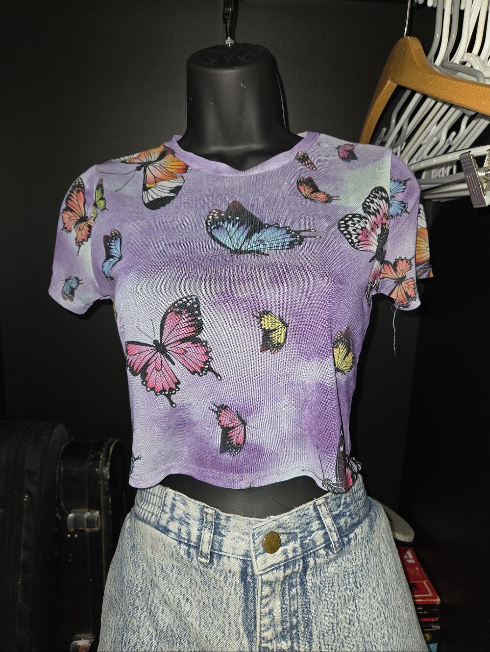 Better Be Butterfly Print Sheer Mesh Crop Top Purple Tie Dye M)